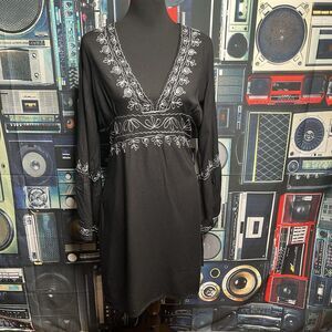 CEJON Bohemian Black with White Embroidery Tunic Mini Dress Women's Medium
